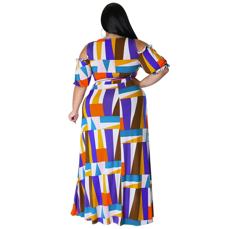 Bold Geometric Print Off-Shoulder Wrap Top and High-Slit Maxi Skirt Set