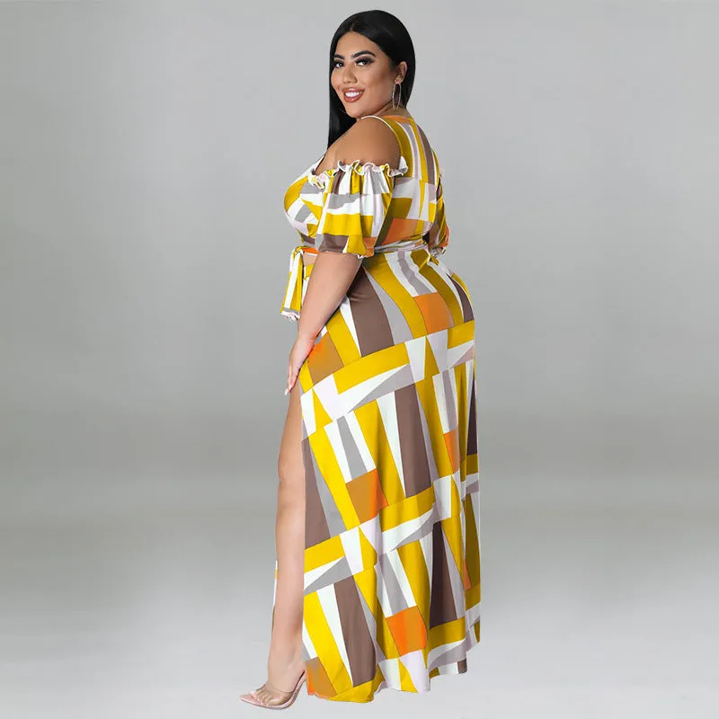 Bold Geometric Print Off-Shoulder Wrap Top and High-Slit Maxi Skirt Set