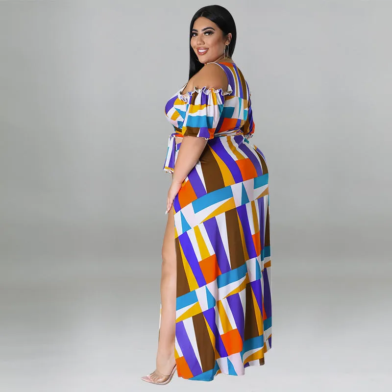 Bold Geometric Print Off-Shoulder Wrap Top and High-Slit Maxi Skirt Set