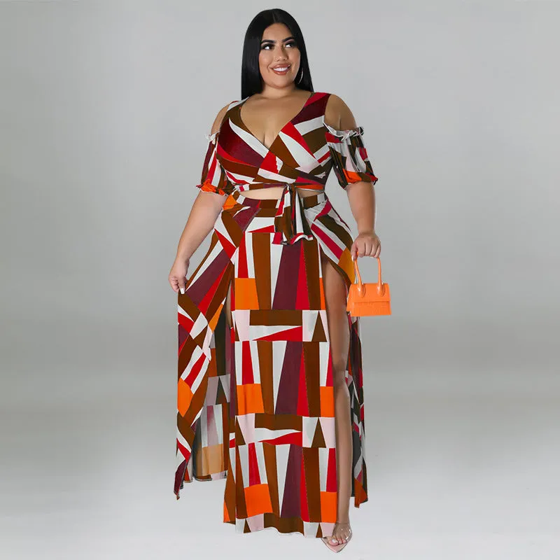 Bold Geometric Print Off-Shoulder Wrap Top and High-Slit Maxi Skirt Set