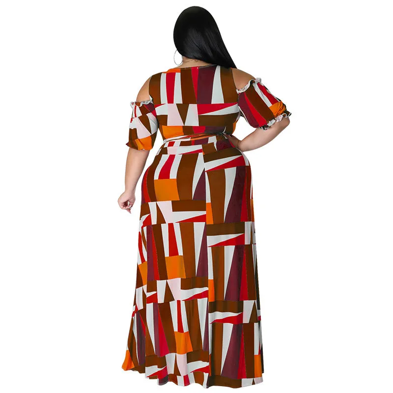 Bold Geometric Print Off-Shoulder Wrap Top and High-Slit Maxi Skirt Set