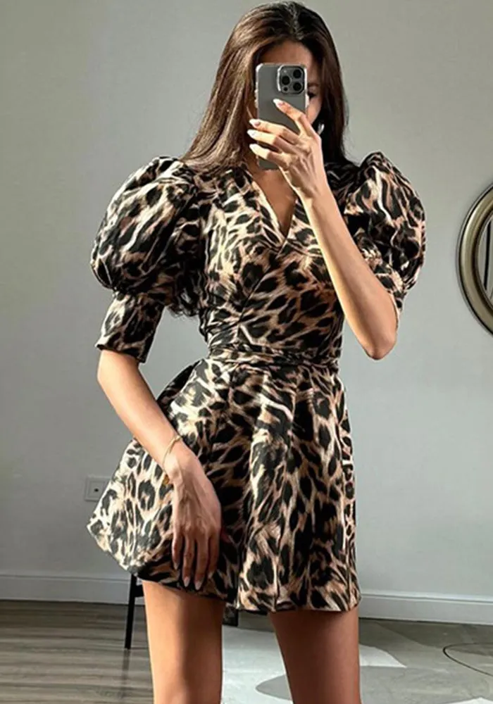 Bold Leopard Print V-Neck Dress with Dramatic Puff Sleeves