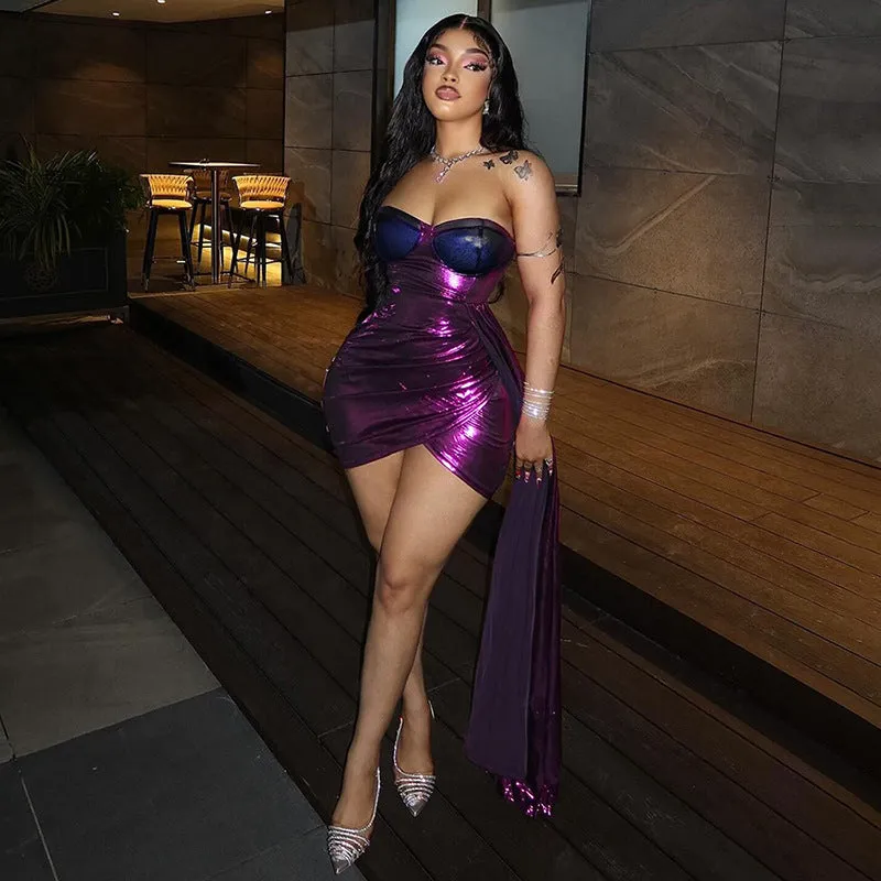Bold Metallic Strapless Bodycon Dress with Irregular Hem Design