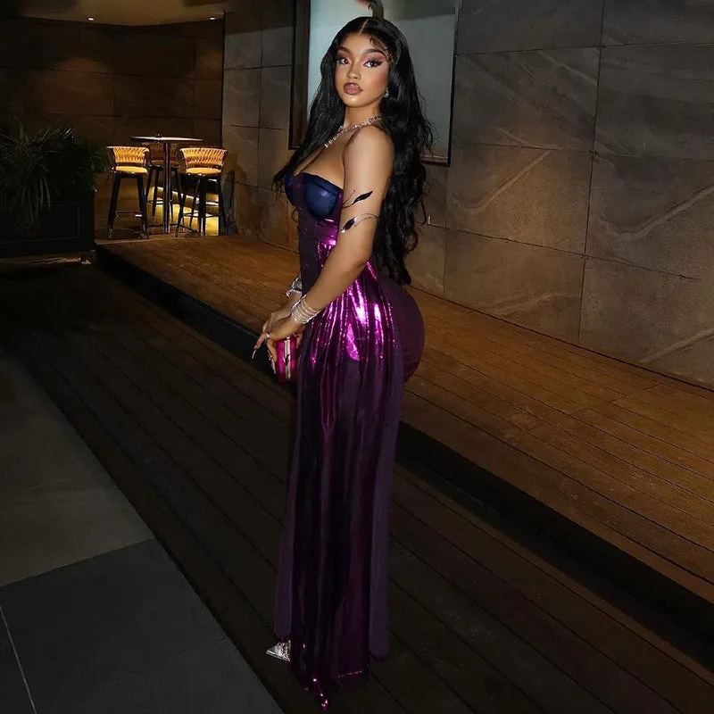Bold Metallic Strapless Bodycon Dress with Irregular Hem Design