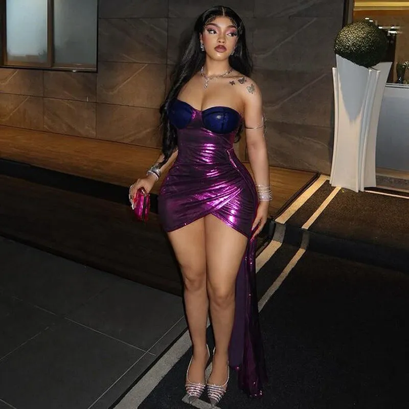 Bold Metallic Strapless Bodycon Dress with Irregular Hem Design
