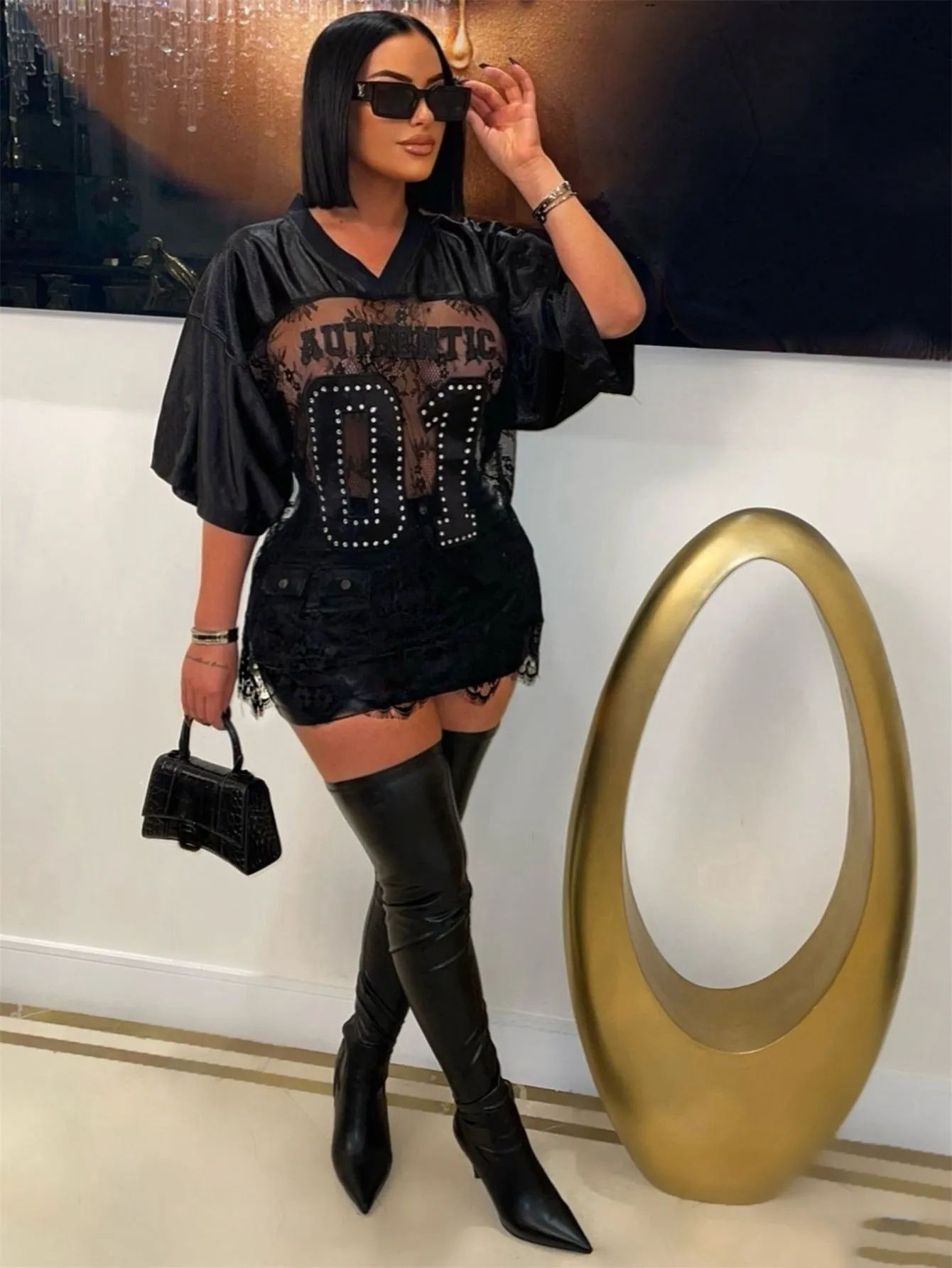 Bold Street Style Lace Patchwork Oversized T-Shirt Top