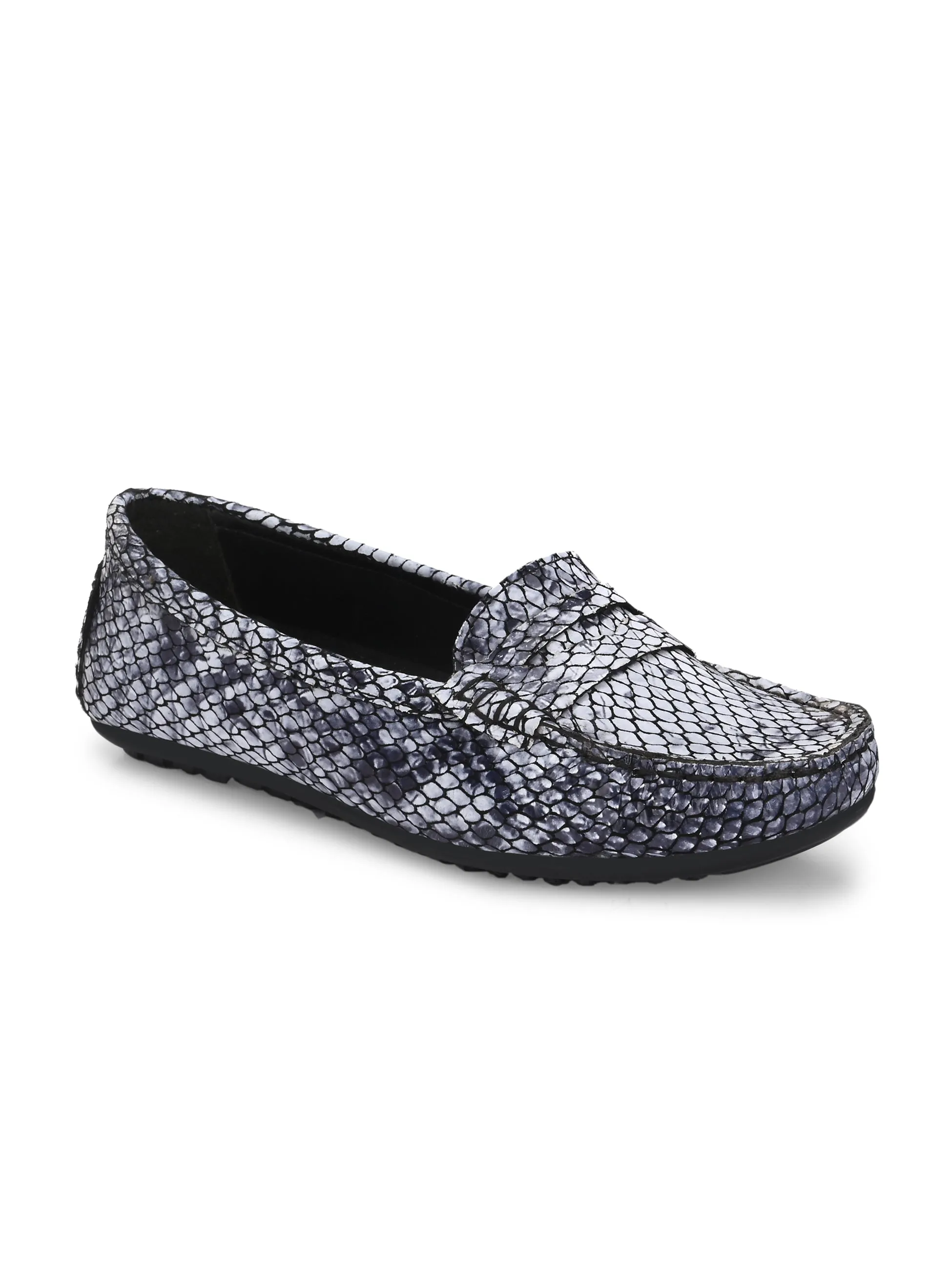 CARLO ROMANO BLACK COLOR SUPER COMFORTABLE SNAKE PRINTED LOAFER SHOES FOR WOMEN