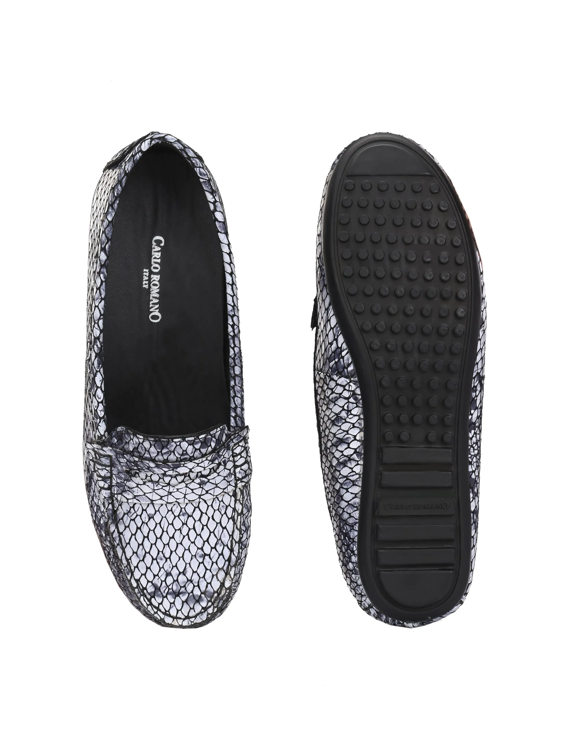 CARLO ROMANO BLACK COLOR SUPER COMFORTABLE SNAKE PRINTED LOAFER SHOES FOR WOMEN