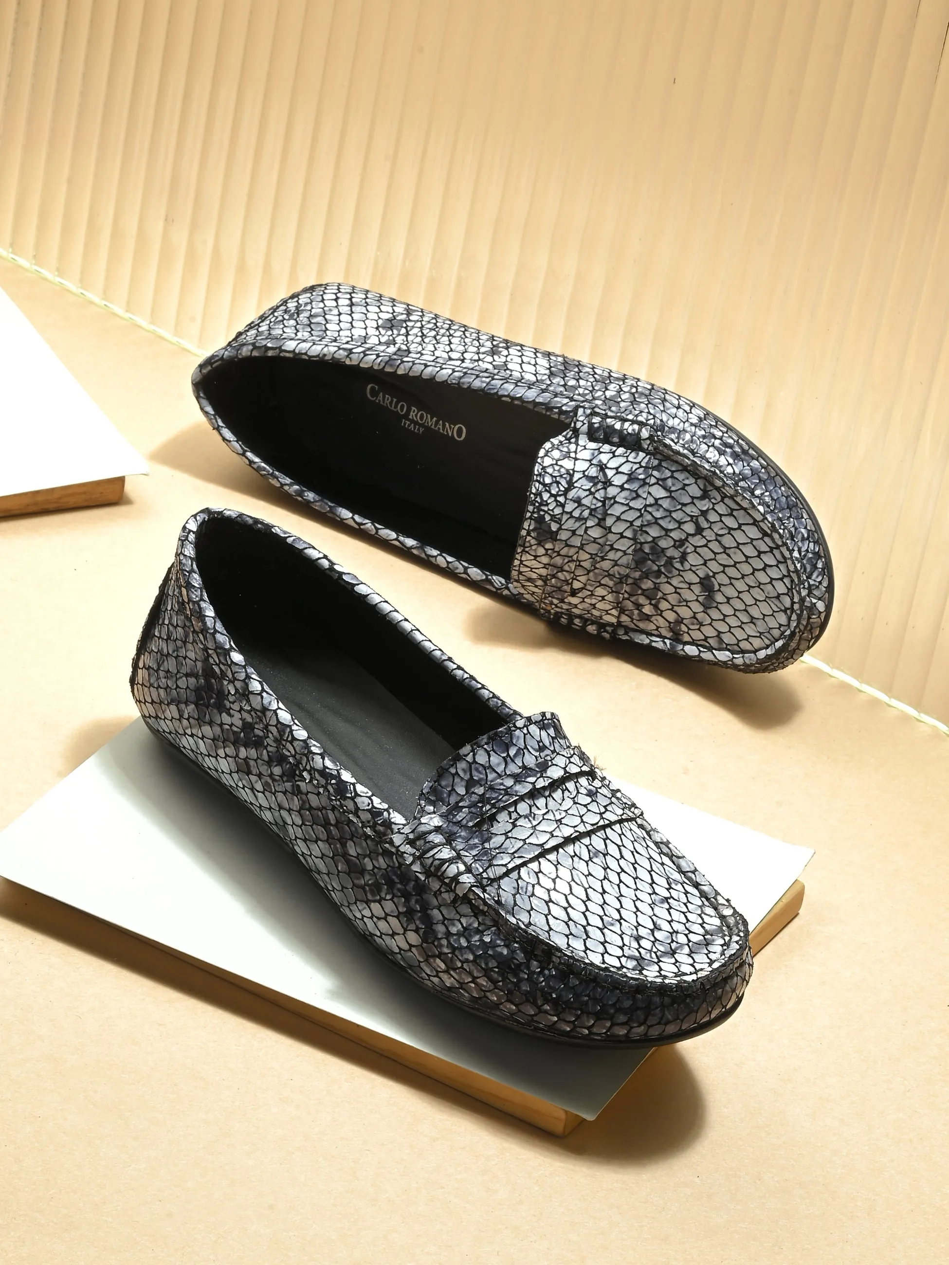 CARLO ROMANO BLACK COLOR SUPER COMFORTABLE SNAKE PRINTED LOAFER SHOES FOR WOMEN