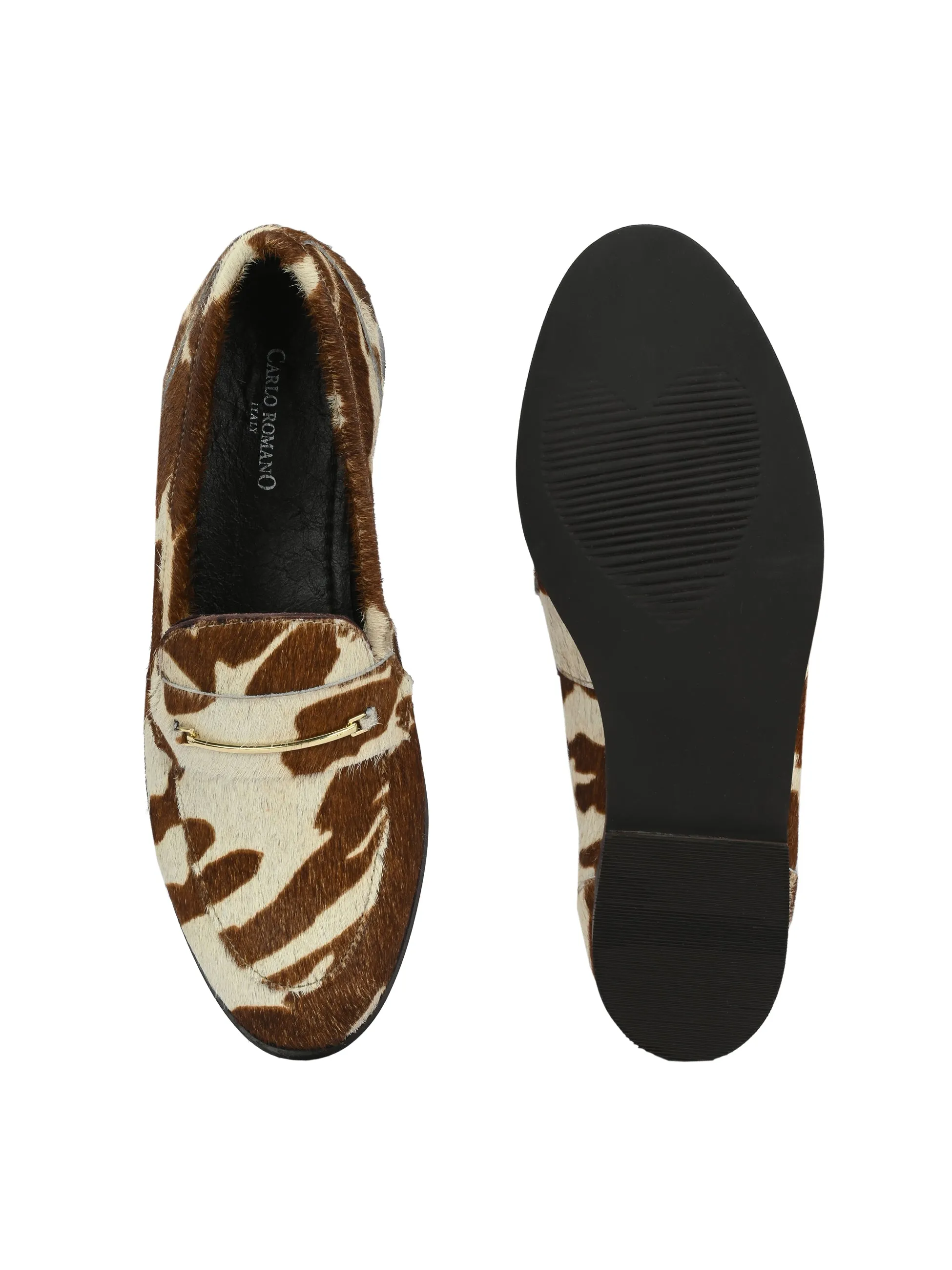CARLO ROMANO HAIR OR FUR LEATHER BROWN-WHITE COLOR MOCCASIN SHOE FOR WOMEN