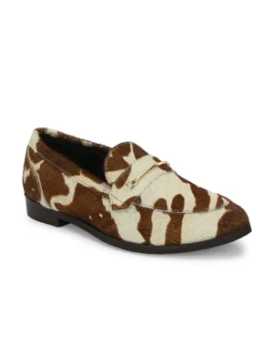 CARLO ROMANO HAIR OR FUR LEATHER BROWN-WHITE COLOR MOCCASIN SHOE FOR WOMEN