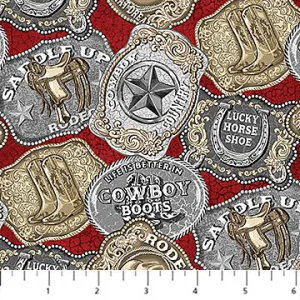 Cowboy Blues - Red Multi Buckles by Northcott by the yard 3381