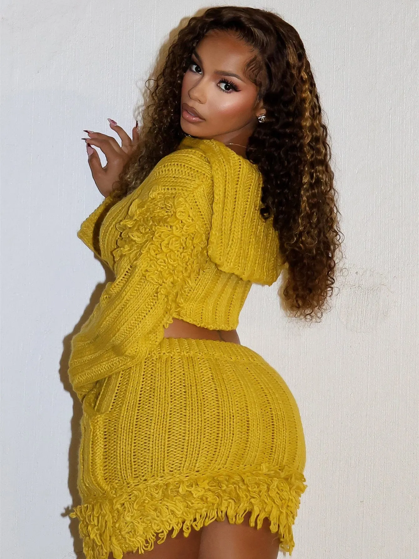 Cozy Knit Long-Sleeved Crop Top and Fringed Drawstring Mini Skirt Set