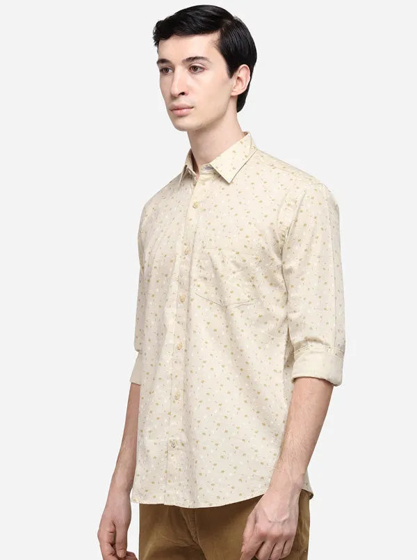 Cream Tailored Fit Printed Casual Shirt | JadeBlue