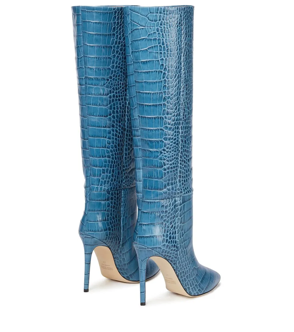 Croc-Effect Leather Knee Boots