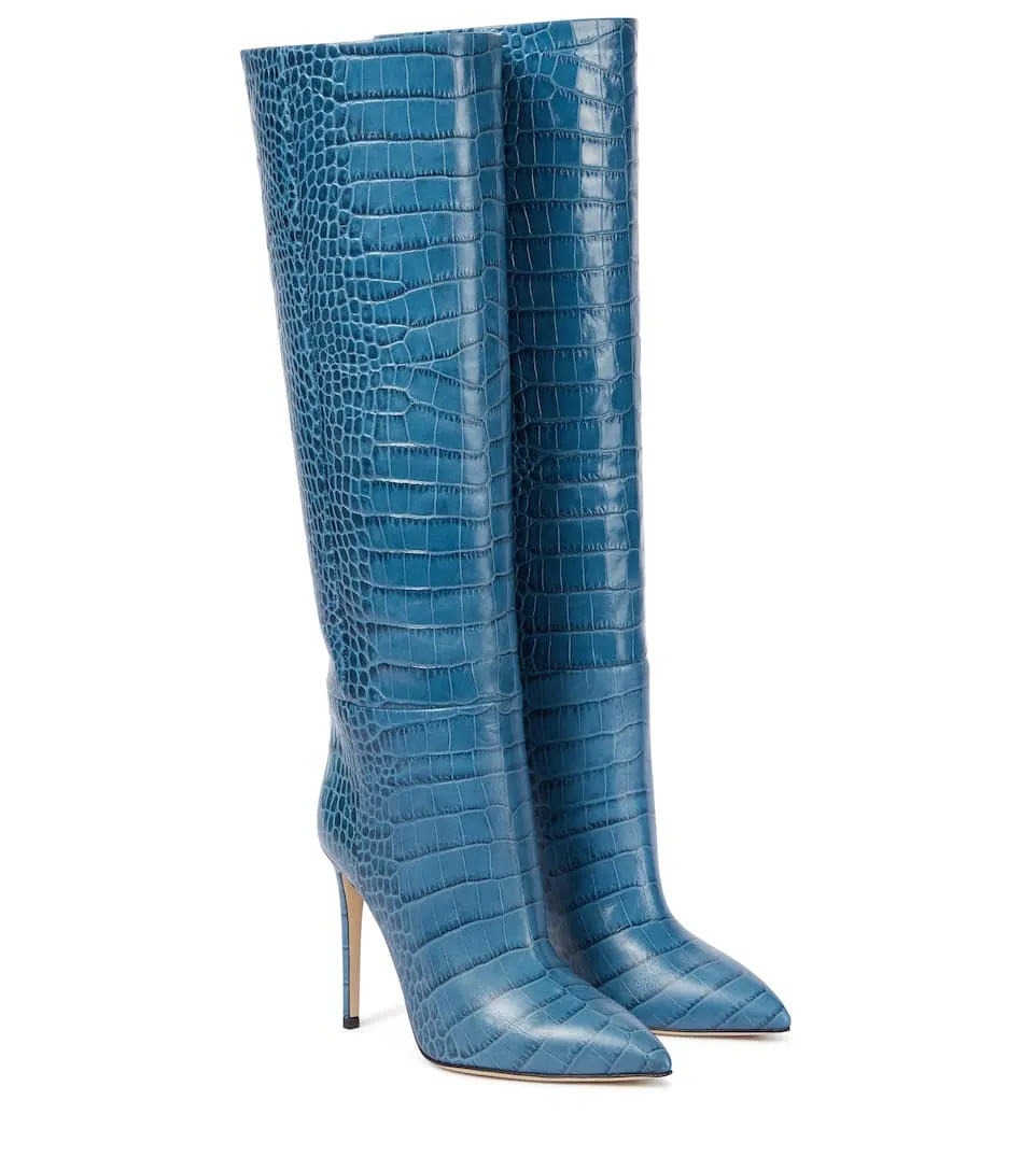 Croc-Effect Leather Knee Boots
