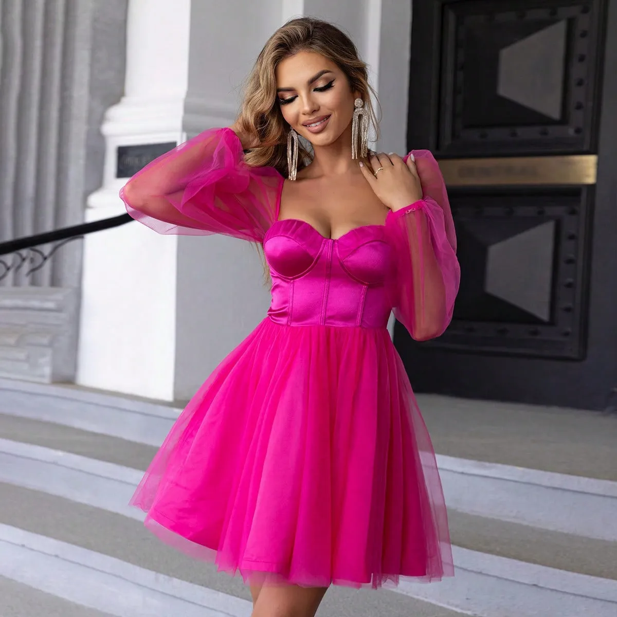 Delicate Mesh Lantern Sleeve A-Line Dress for Summer Parties