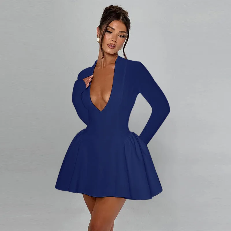 Elegant Deep V-Neck Long Sleeve A-Line Dress for Sophisticated Glamour