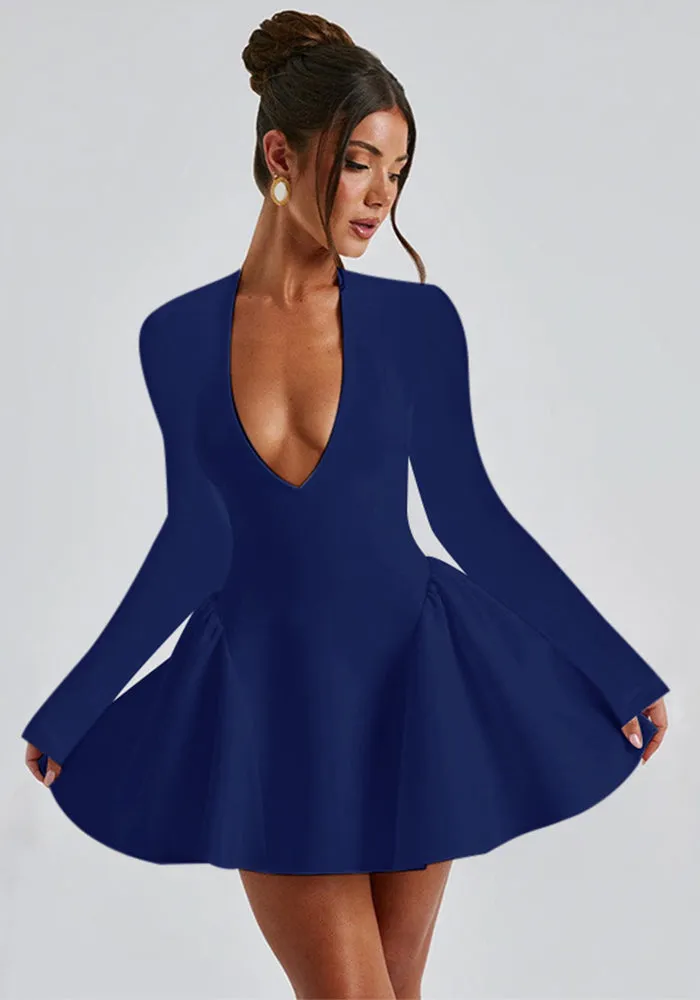 Elegant Deep V-Neck Long Sleeve A-Line Dress for Sophisticated Glamour