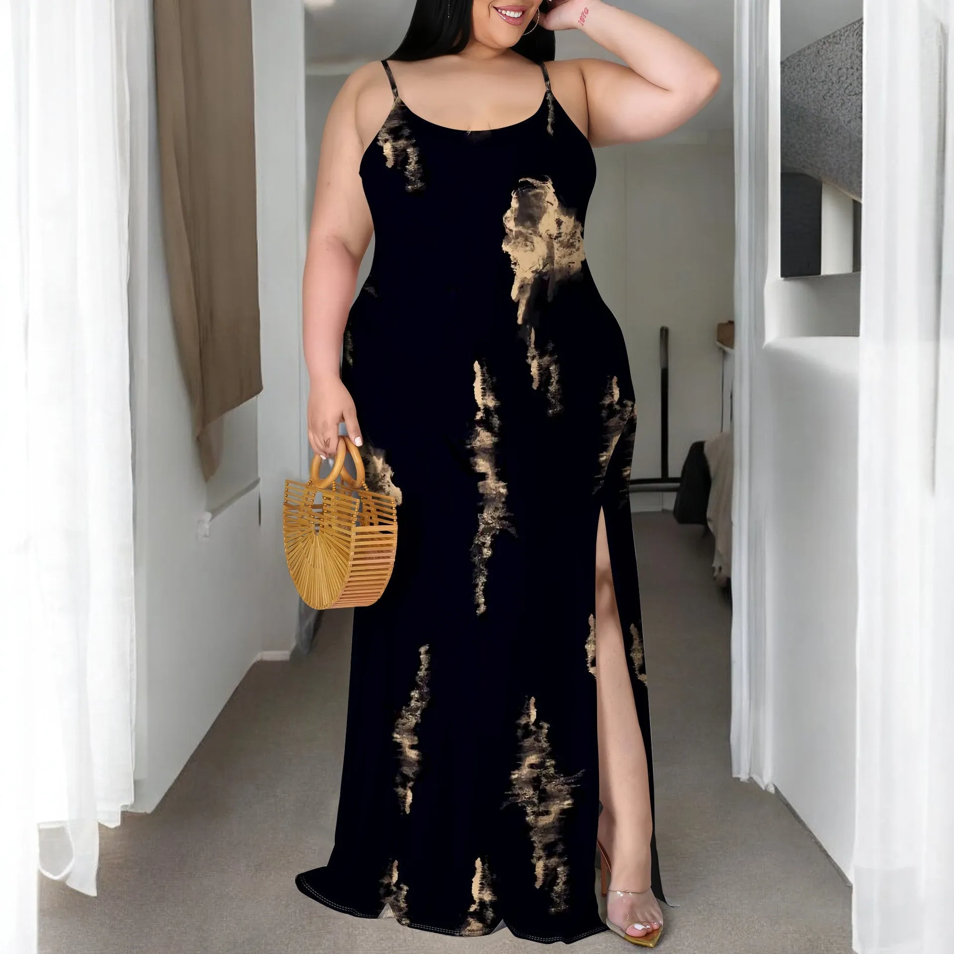 Elegant Plus-Size Tie-Dye Print Spaghetti Strap Maxi Dress
