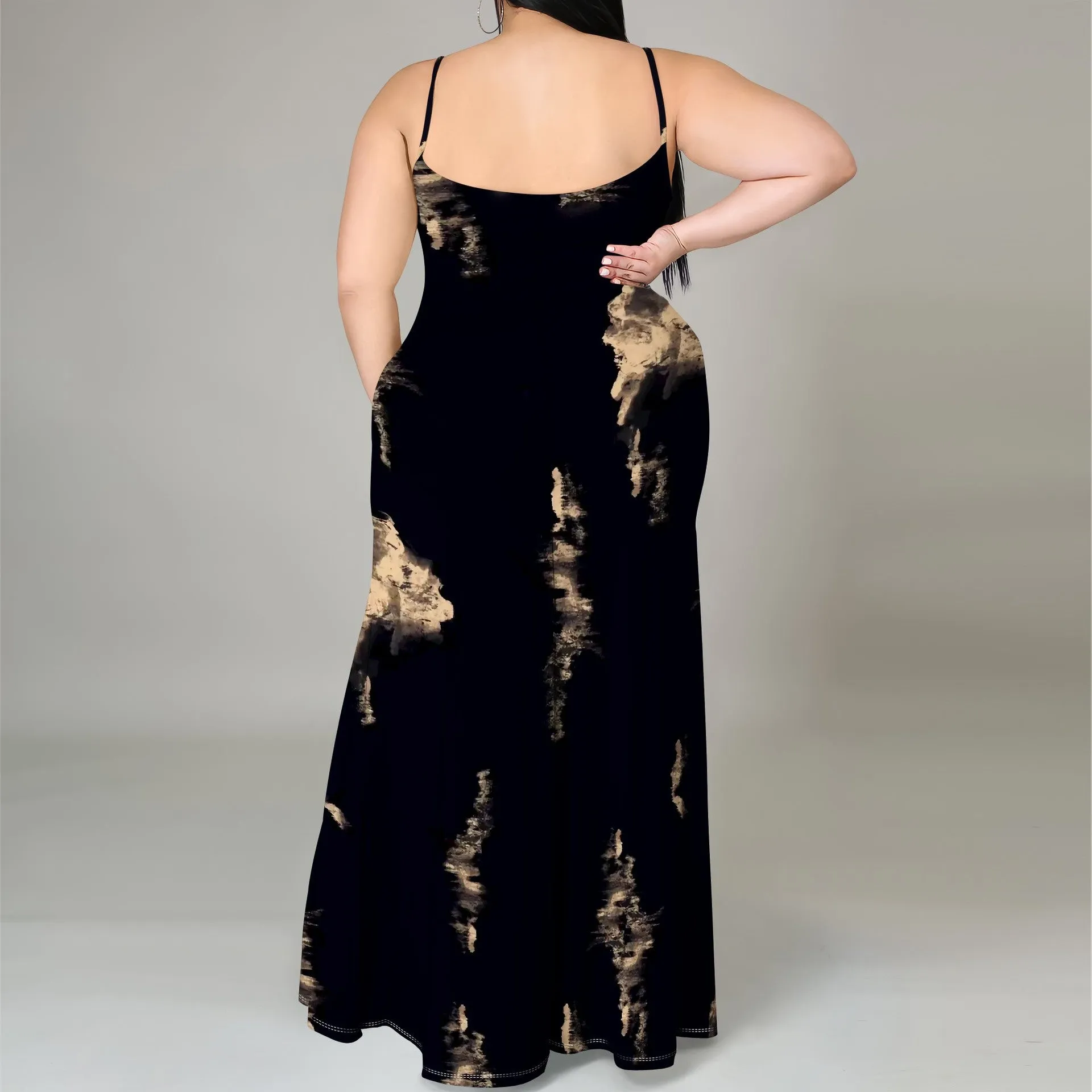 Elegant Plus-Size Tie-Dye Print Spaghetti Strap Maxi Dress