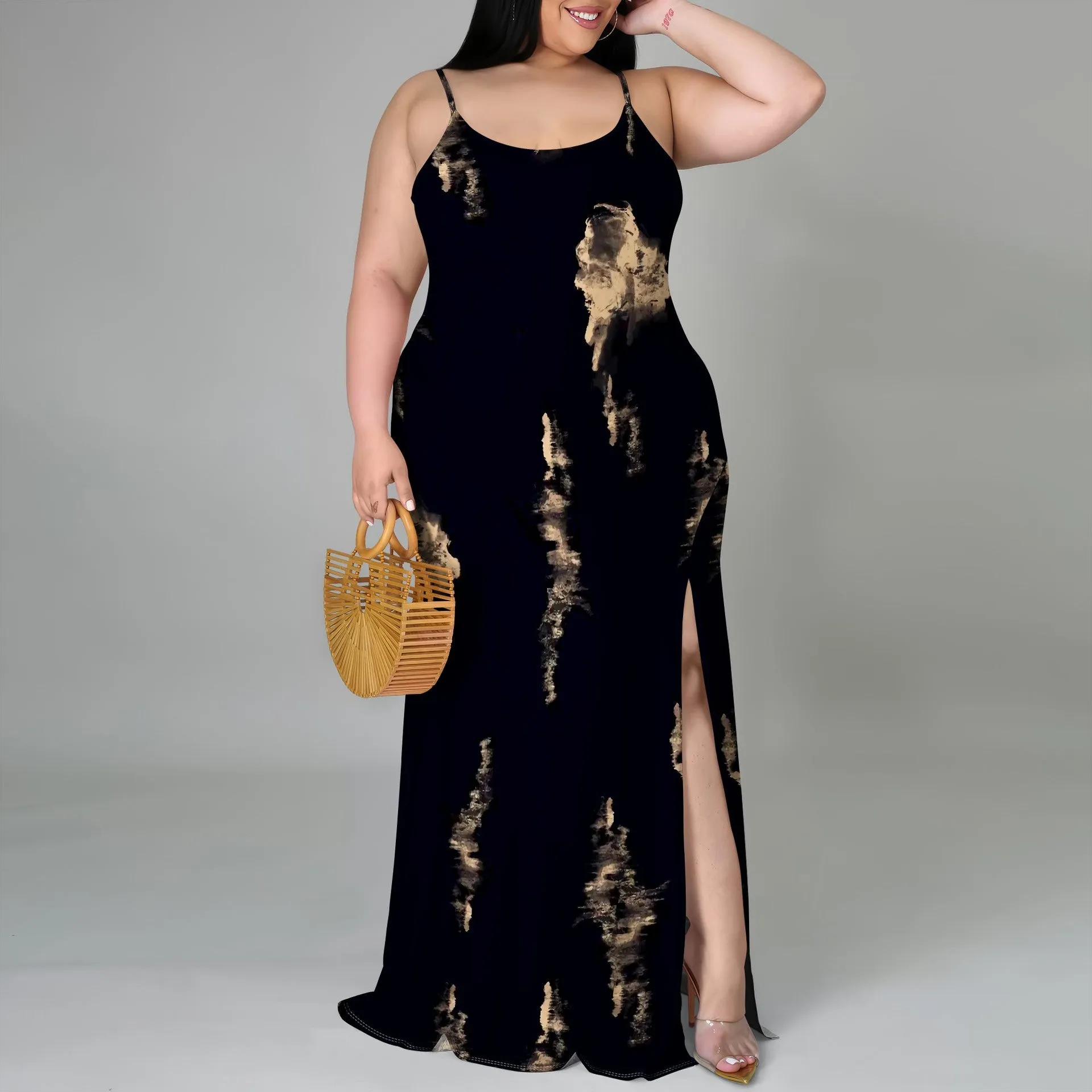 Elegant Plus-Size Tie-Dye Print Spaghetti Strap Maxi Dress