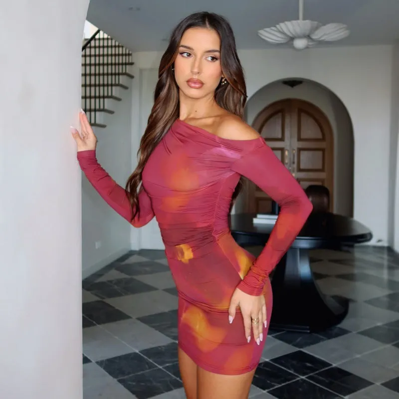 Elegant Printed Off-Shoulder Long Sleeve Bodycon Mini Dress