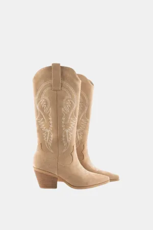 Embroidered Faux Suede Cowboy Boots with Pointed Toe