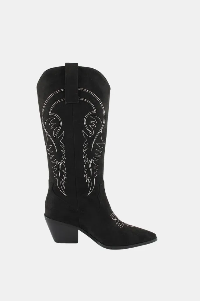 Embroidered Faux Suede Cowboy Boots with Pointed Toe