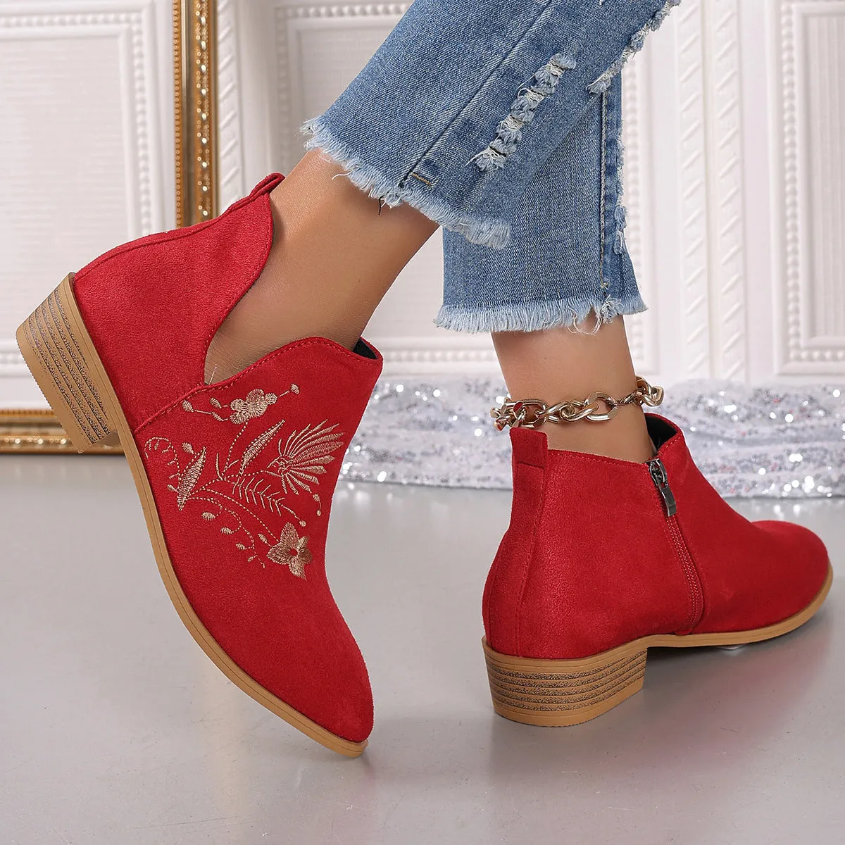 Embroidered Suede Boots