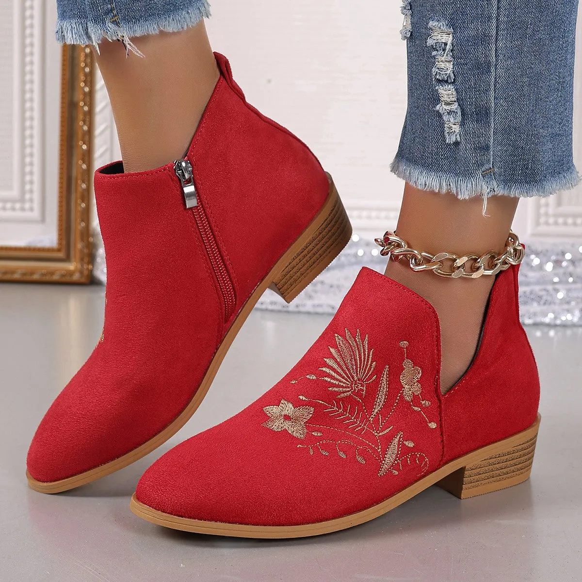 Embroidered Suede Boots