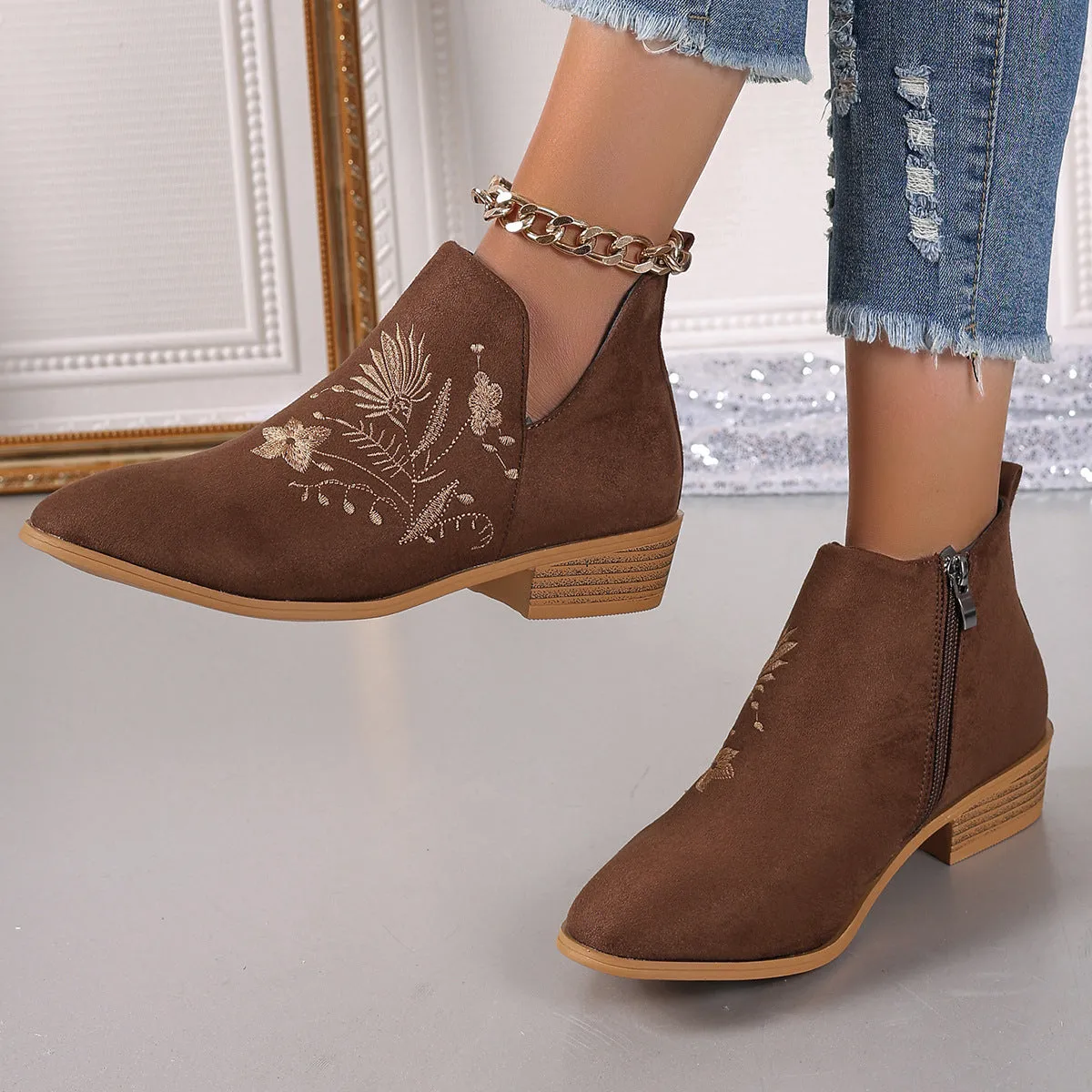 Embroidered Suede Boots