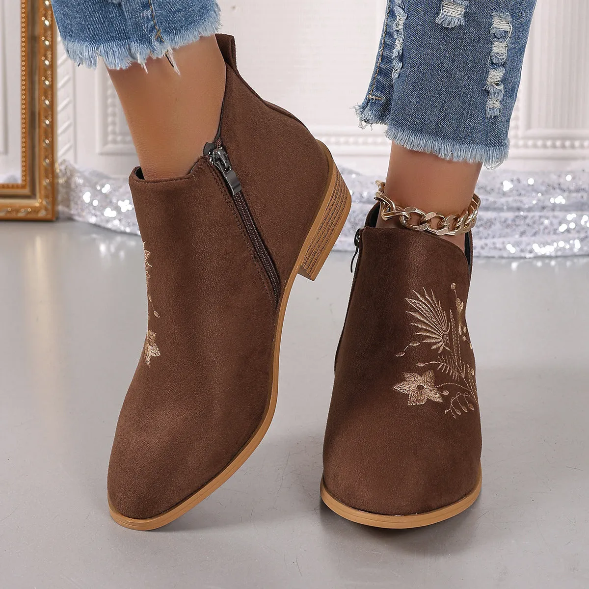 Embroidered Suede Boots