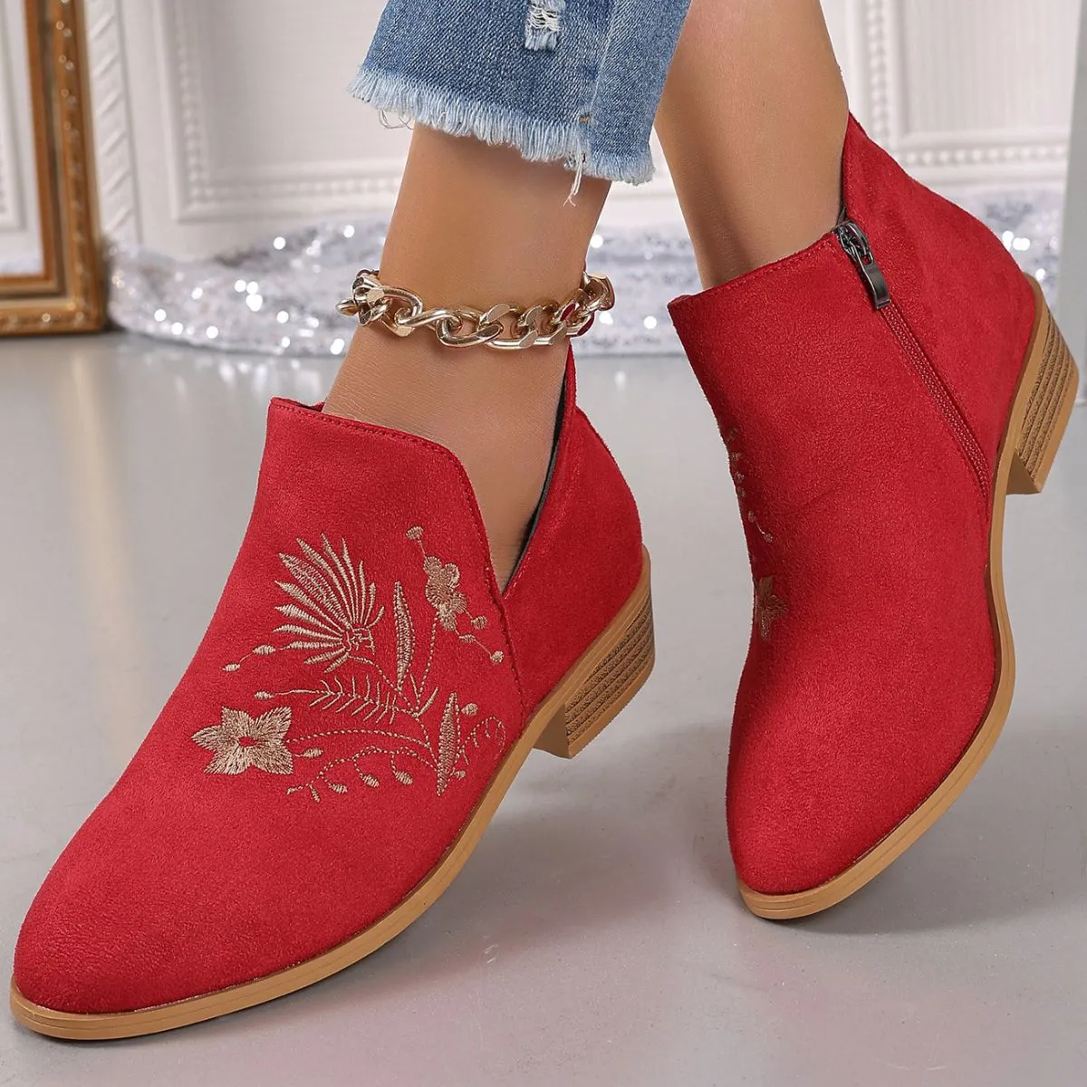 Embroidered Suede Boots