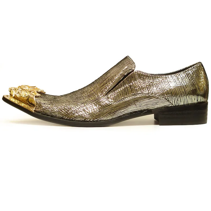 FI-6981 Genuine Gold Leather Shoe by Fiesso Gold Metal Tip Slip on Loafer
