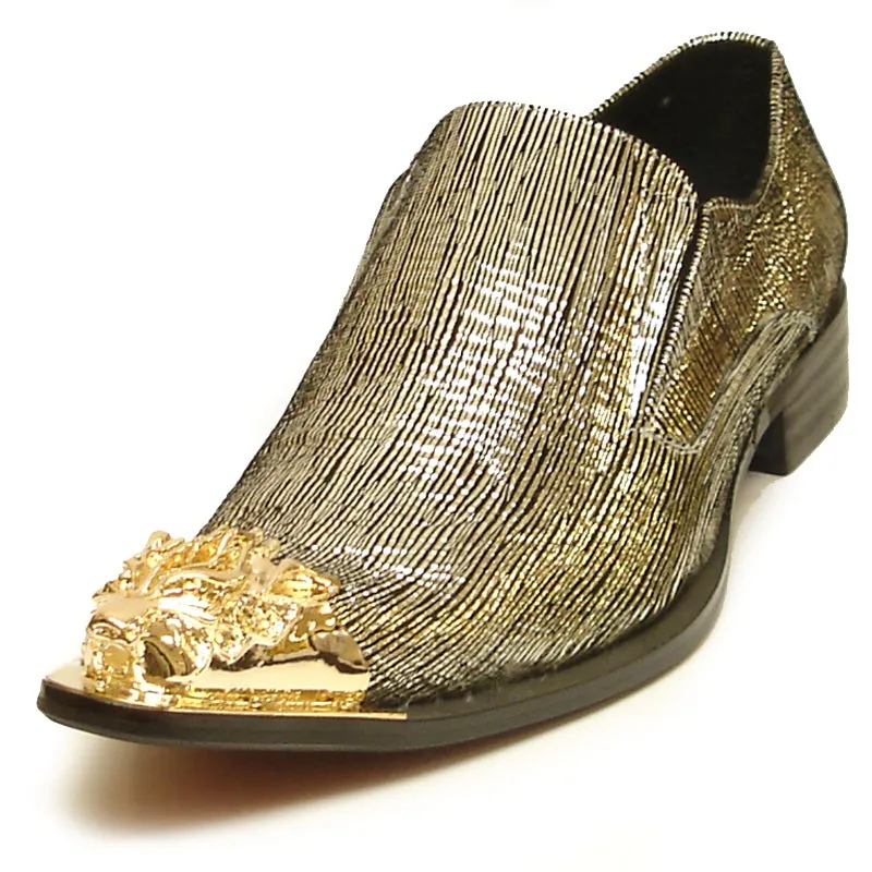 FI-6981 Genuine Gold Leather Shoe by Fiesso Gold Metal Tip Slip on Loafer