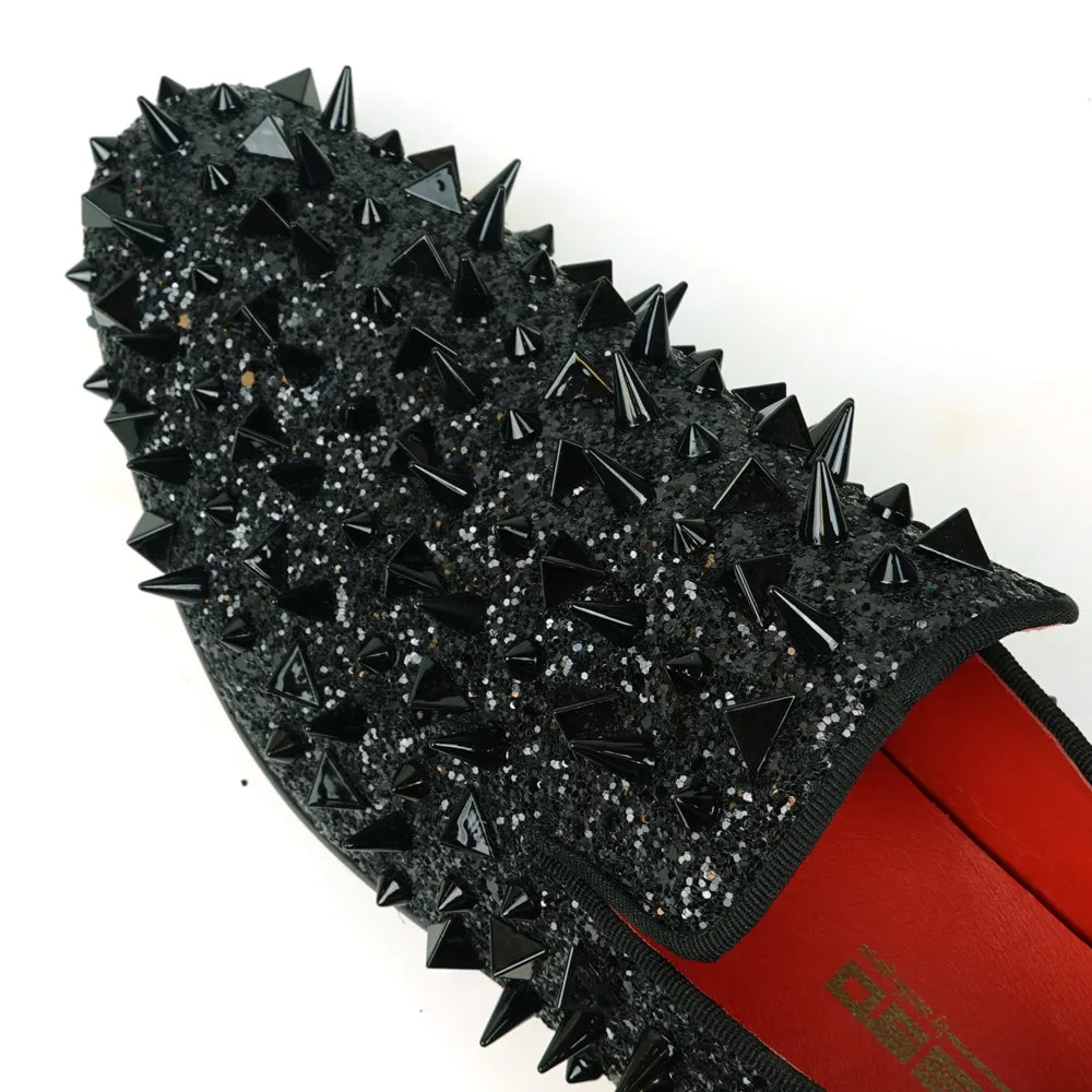FI-7517 Black Glitter Black  Spikes Slip on Loafer Fiesso by Aurelio Garcia