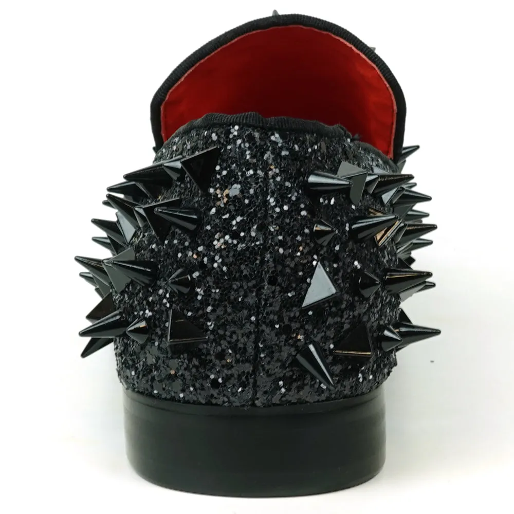 FI-7517 Black Glitter Black  Spikes Slip on Loafer Fiesso by Aurelio Garcia