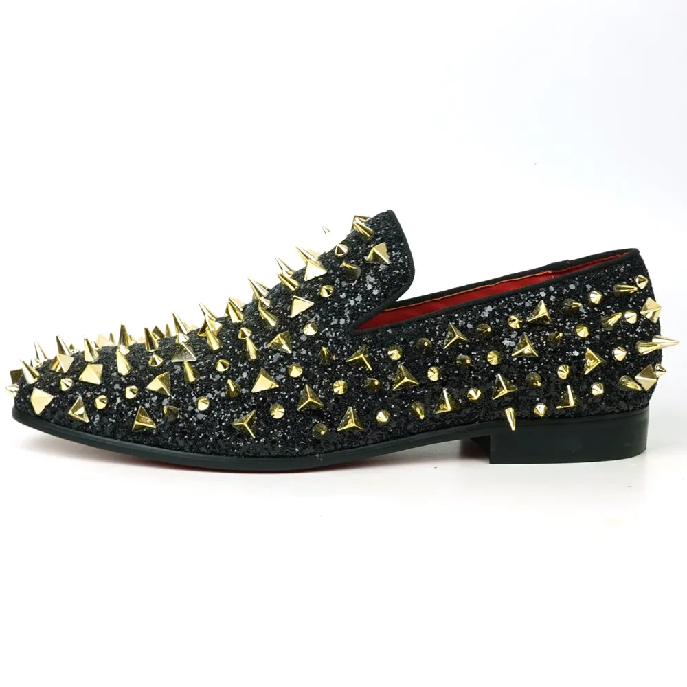FI-7517 Black Glitter Gold Spikes Slip on Loafer Fiesso by Aurelio Garcia