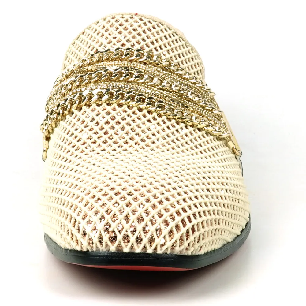 FI-7528 White Gold Glitter With Gold Chain Slip on Loafer Fiesso by Aurelio Garcia