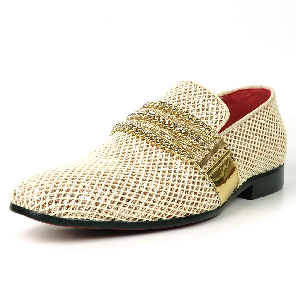 FI-7528 White Gold Glitter With Gold Chain Slip on Loafer Fiesso by Aurelio Garcia