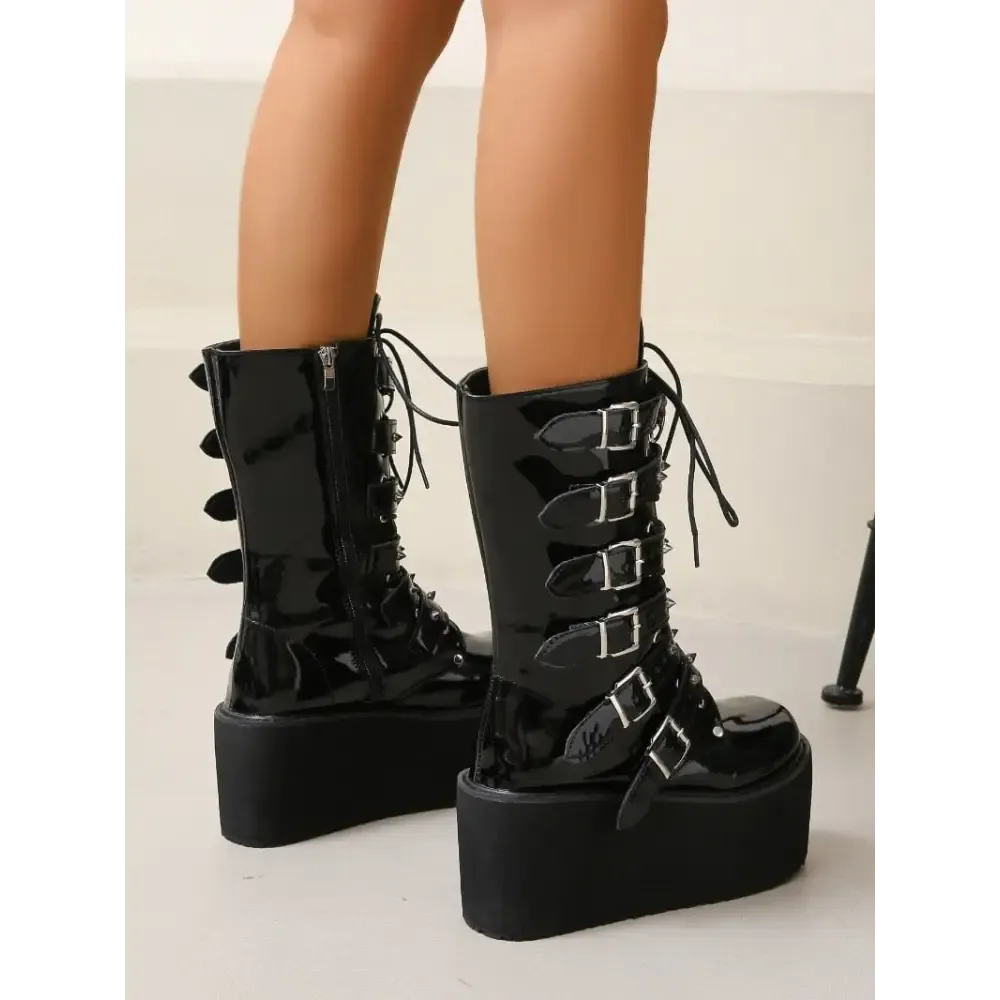 Gothic-Inspired Patent Leather Platform Boots for Unique Style