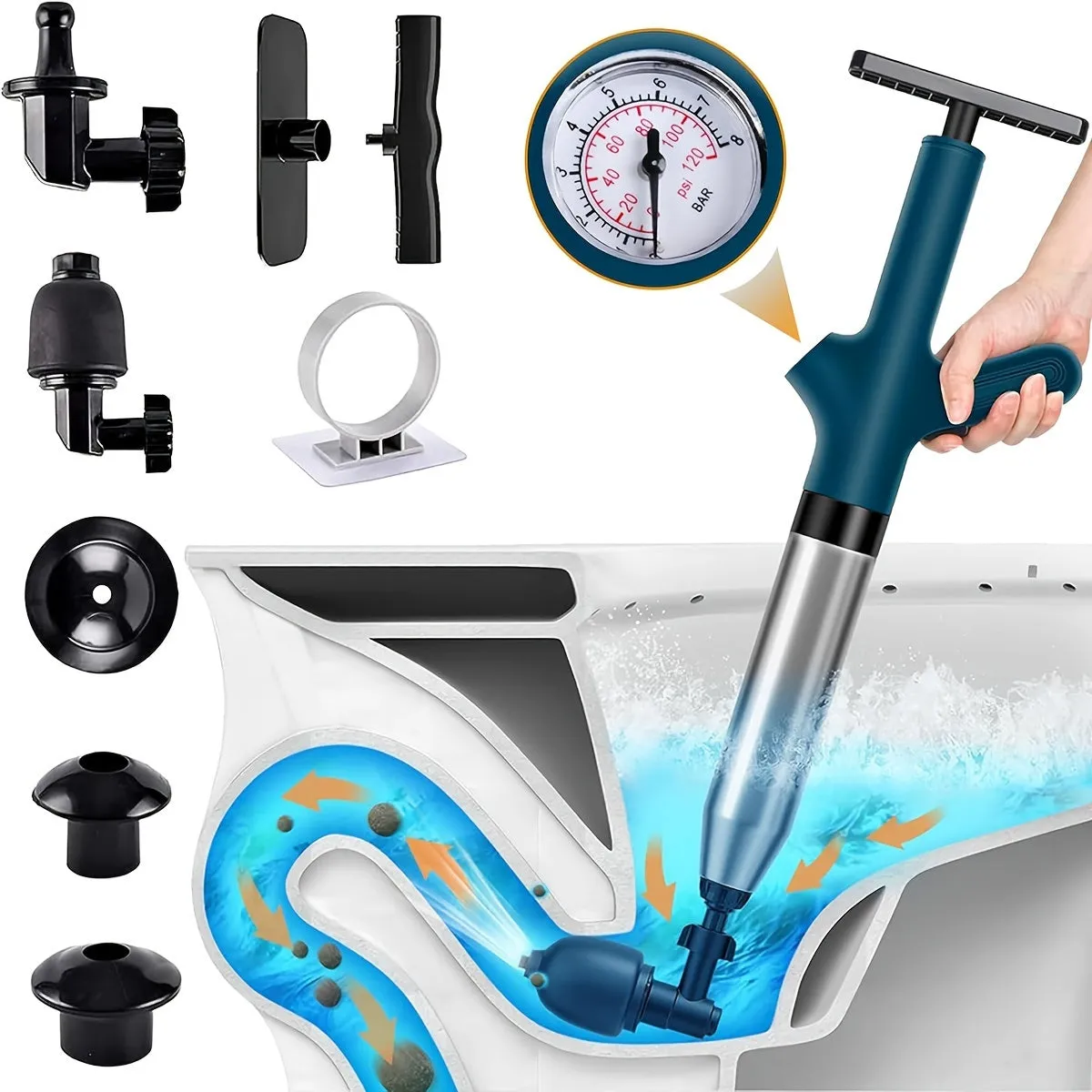 High-Pressure Air Toilet Plunger Set - Stainless Steel Snake & Shockwave Drain Unclogger for Sinks, Bathrooms & Pipes - No Battery Needed