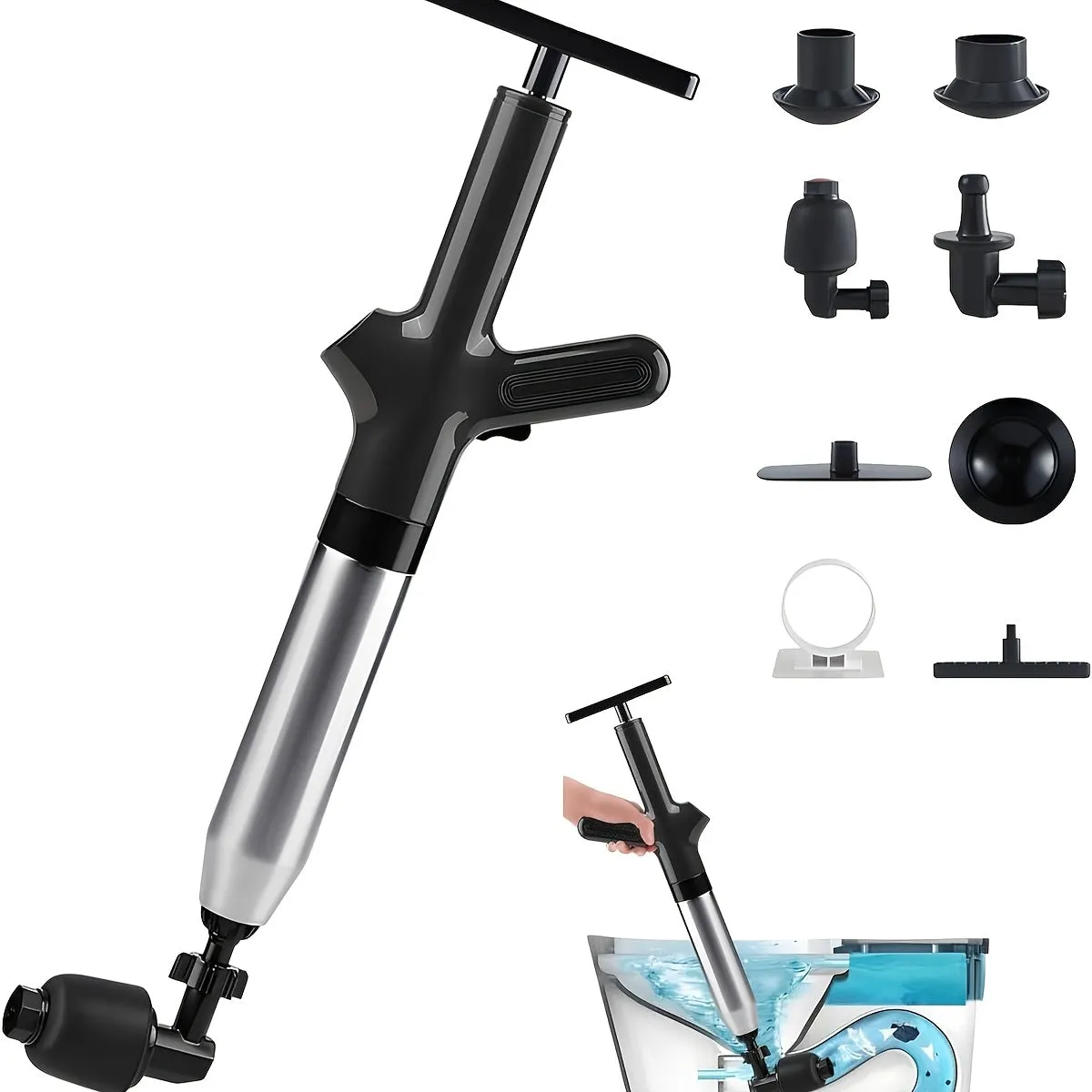 High-Pressure Air Toilet Plunger Set - Stainless Steel Snake & Shockwave Drain Unclogger for Sinks, Bathrooms & Pipes - No Battery Needed