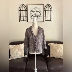 J Jill Floral Embroidered Gray Tie Front Cardigan Boho Size S Hippie Casual