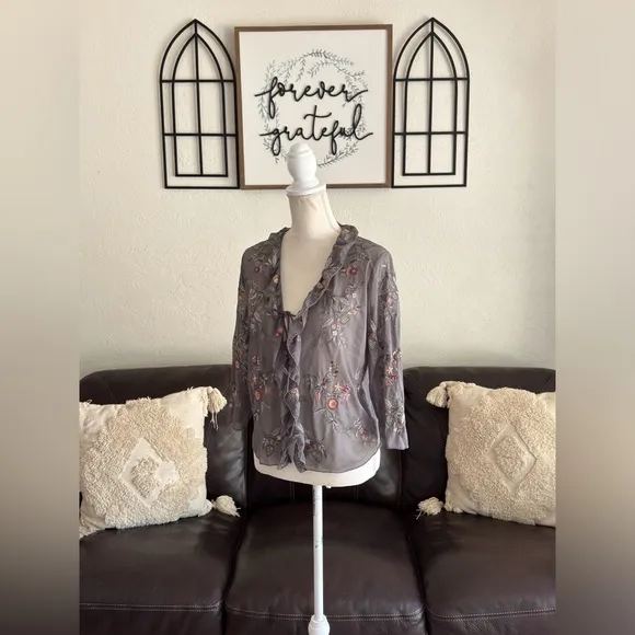 J Jill Floral Embroidered Gray Tie Front Cardigan Boho Size S Hippie Casual
