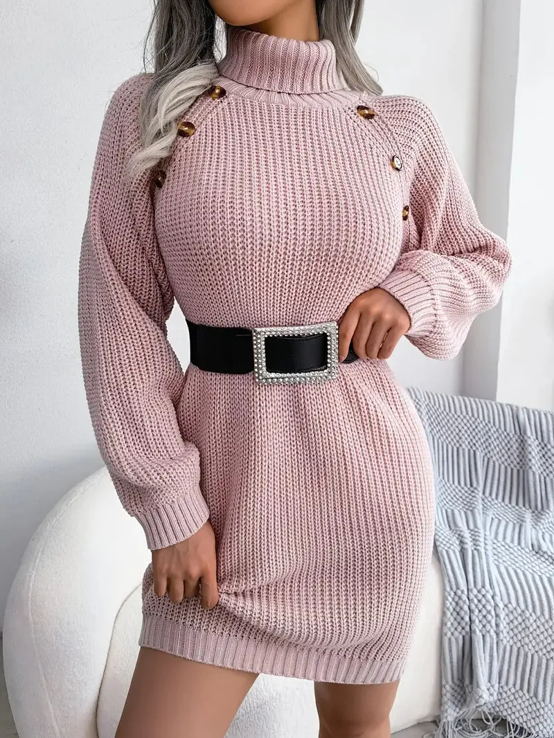 JazzHer Turtleneck Bodycon Button Slim Sweater Dress