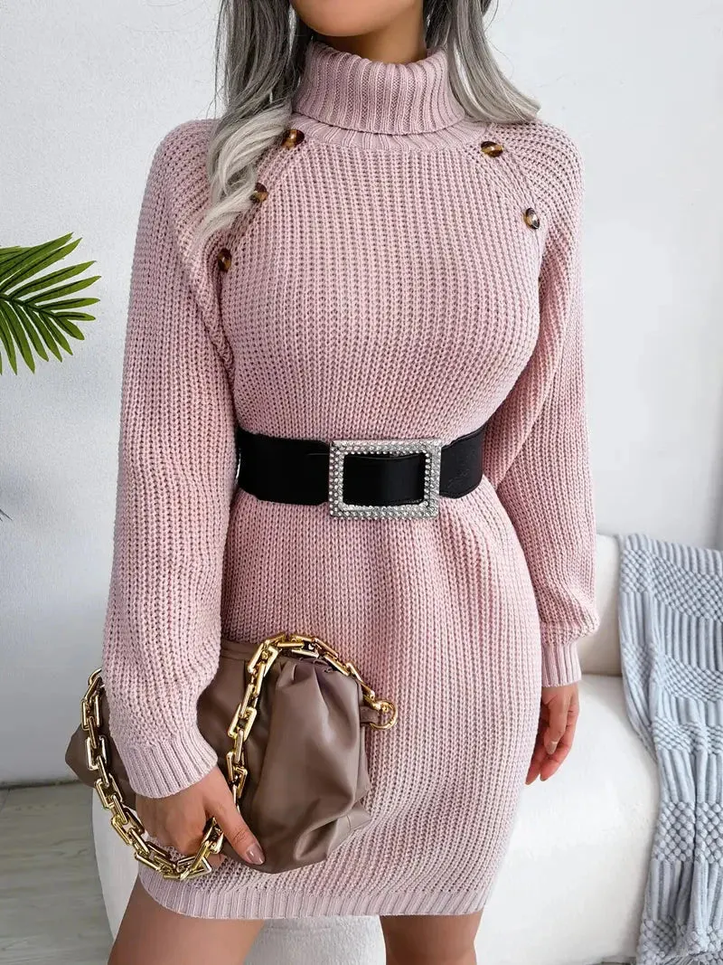 JazzHer Turtleneck Bodycon Button Slim Sweater Dress
