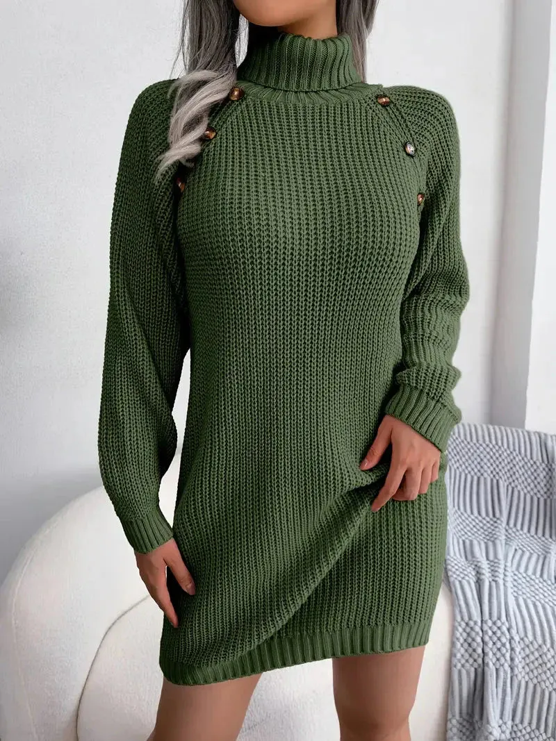 JazzHer Turtleneck Bodycon Button Slim Sweater Dress