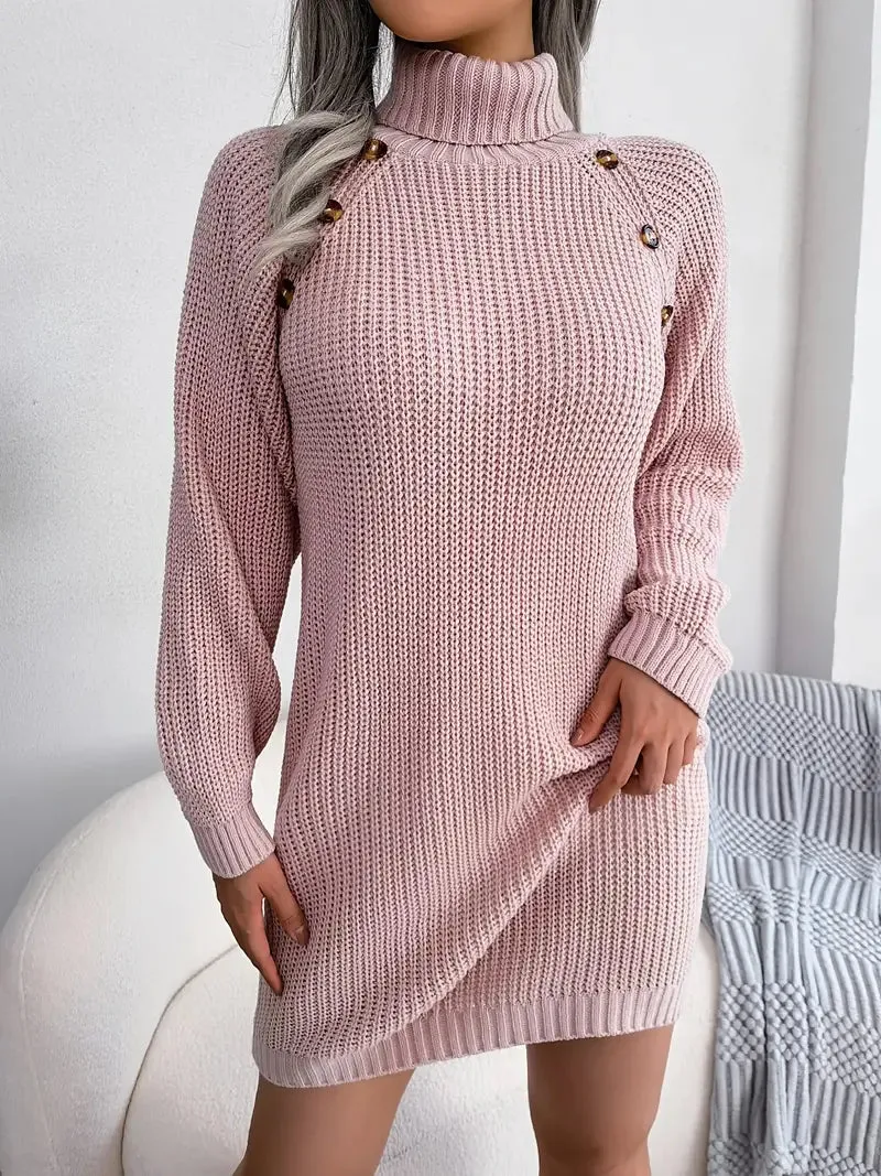 JazzHer Turtleneck Bodycon Button Slim Sweater Dress